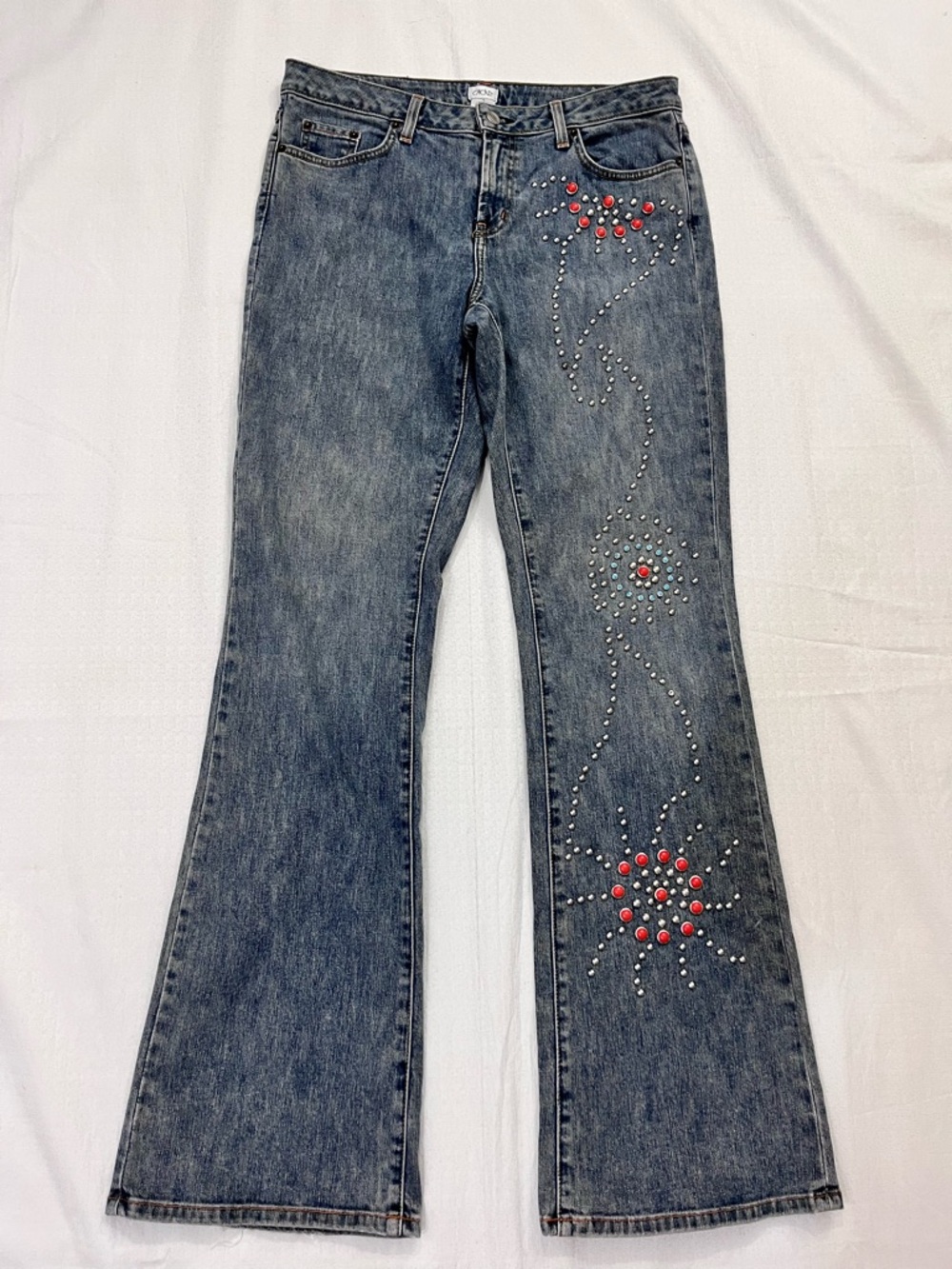 Cache Blue Denim Flare Jeans with Red Stud Embellishments size 10
